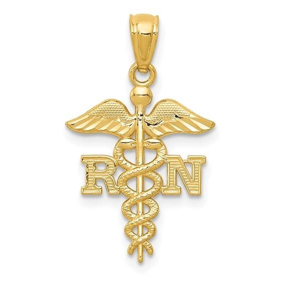 14K Yellow Gold Diamond-cut Polished RN Nurse Pendant
