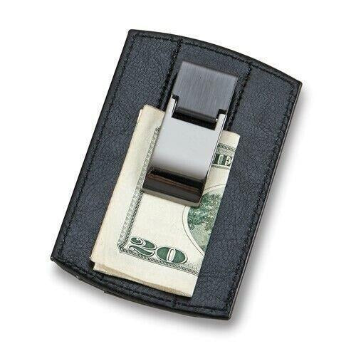 Black Faux Leather Card Case With Metal Money Clip
