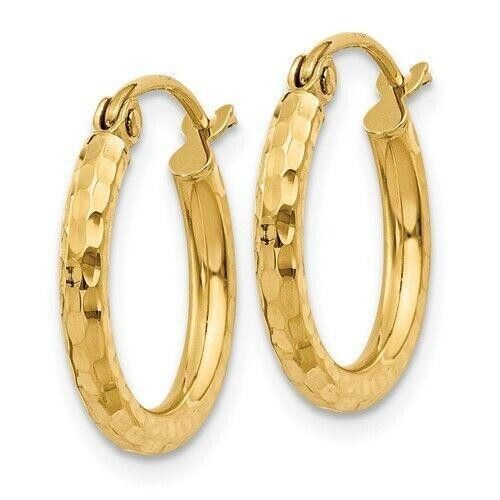 14K Yellow Gold Diamond-Cut Hoop Earrings 2mm Round