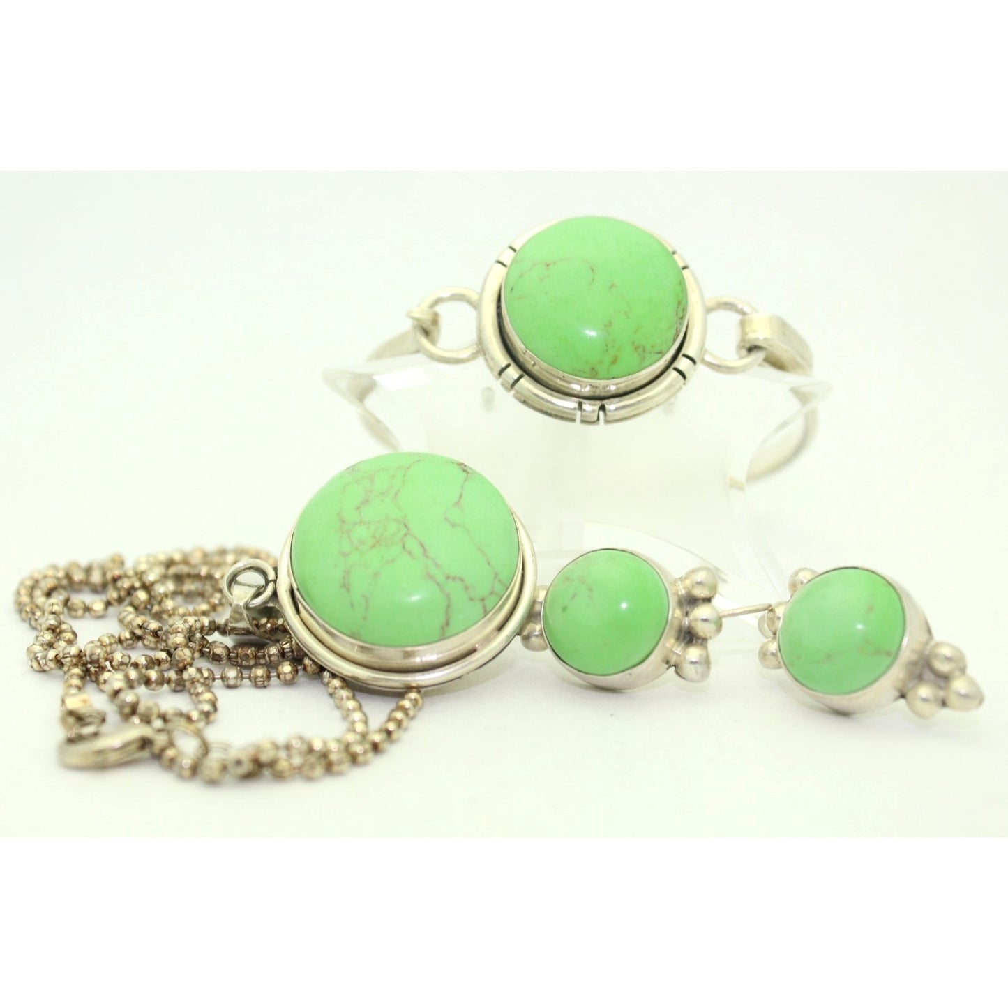 Green Variscite Pendant Necklace Bracelet & Earrings Set .925 Sterling Silver 72.2g