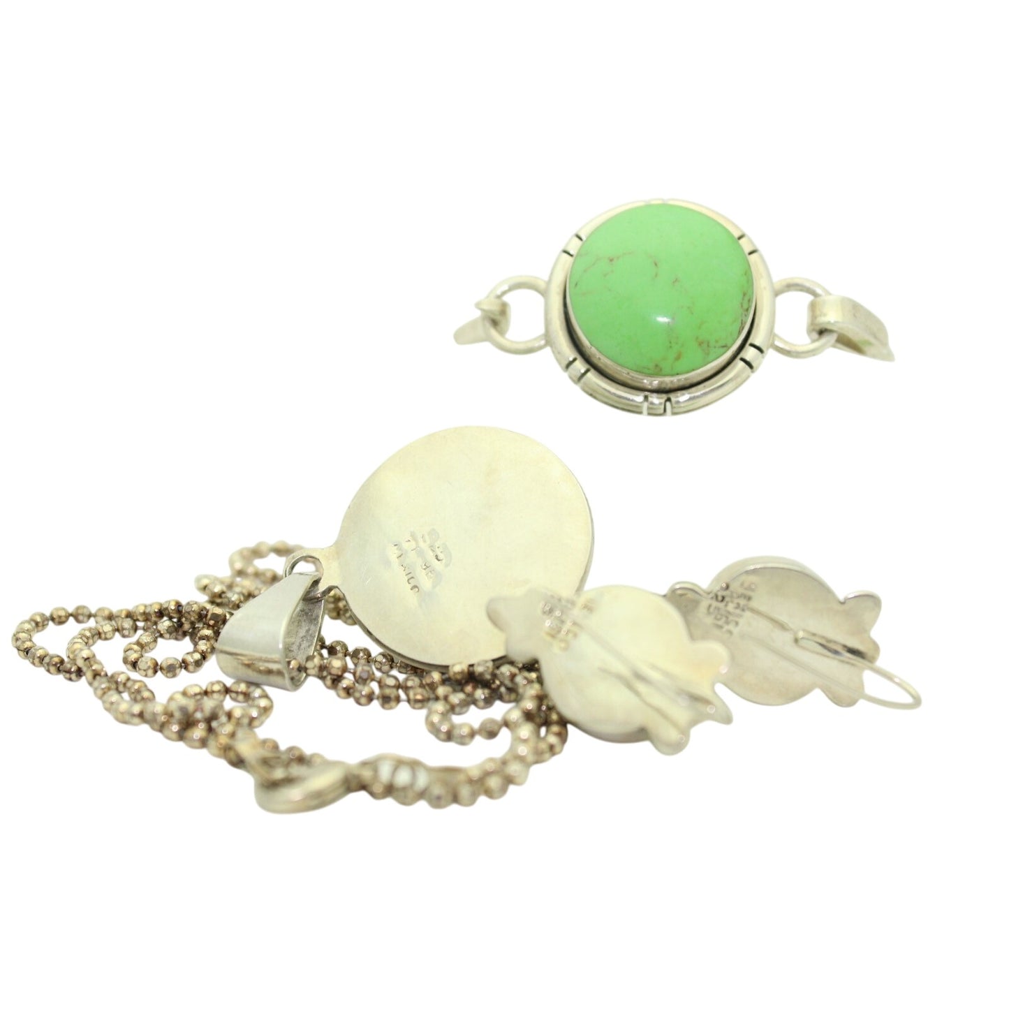 Green Variscite Pendant Necklace Bracelet & Earrings Set .925 Sterling Silver 72.2g