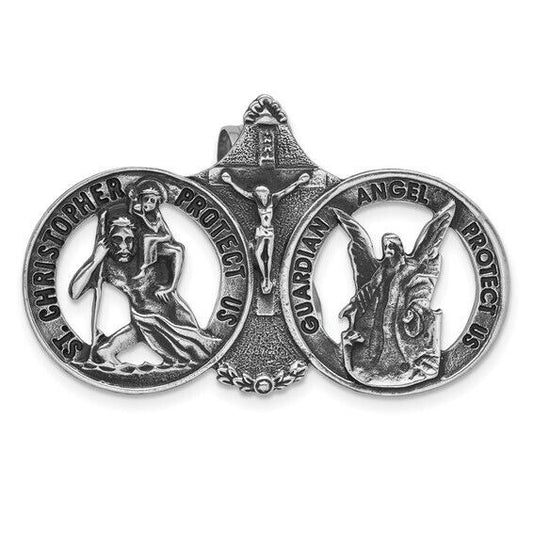 Silver-tone St. Christopher and Guardian Angel Visor Clip
