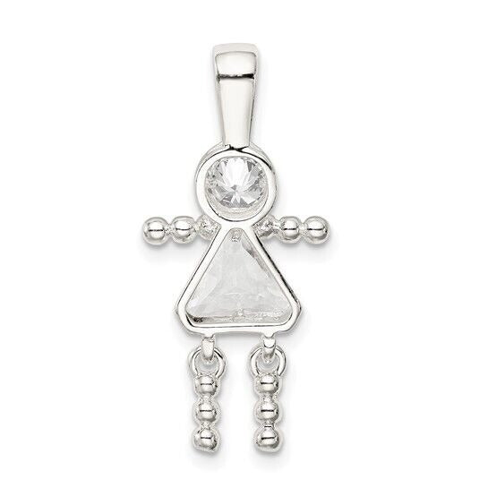 Sterling Silver Rhodium-plated CZ and Birthstone Clear April Glass Girl Pendant