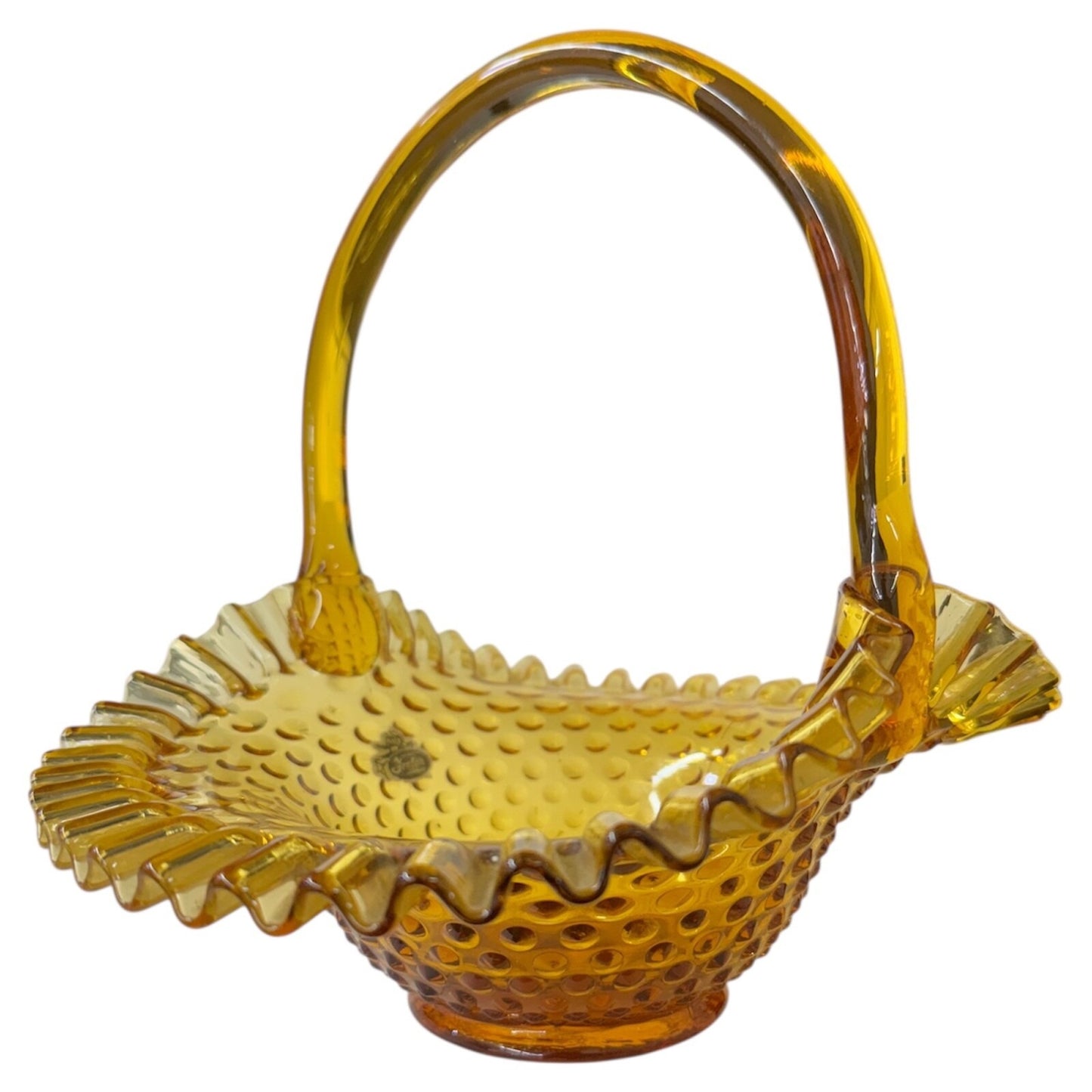 Fenton Amber Glass Hobnail Ruffled Edge Basket Candy Dish 9” Tall