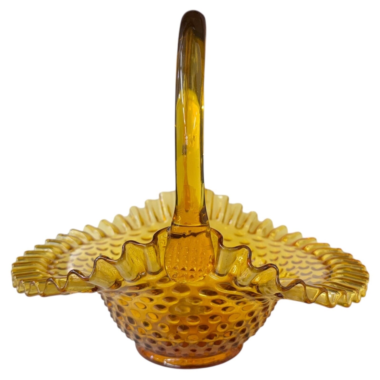 Fenton Amber Glass Hobnail Ruffled Edge Basket Candy Dish 9” Tall