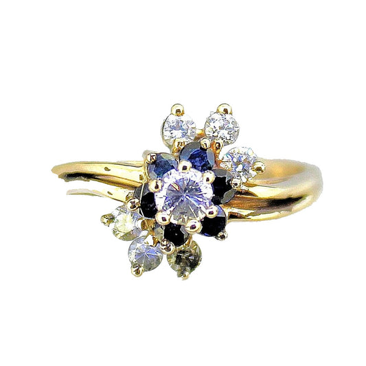 14K Yellow Gold Cubic Zirconia & Sapphire Floral Accent Ring Size 6.25