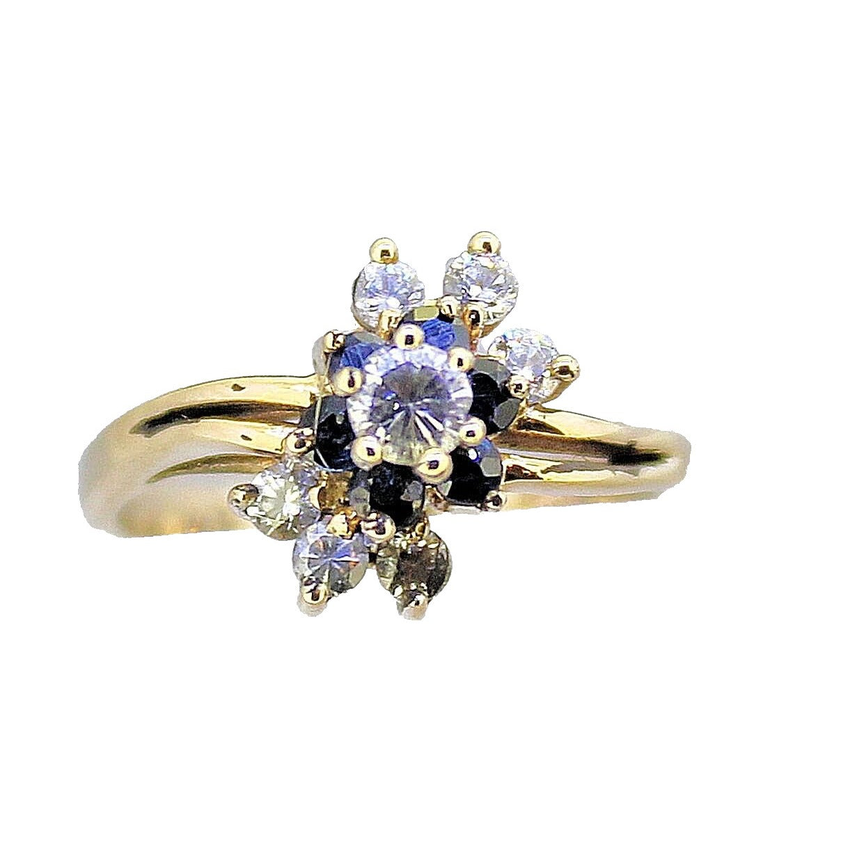 14K Yellow Gold Cubic Zirconia & Sapphire Floral Accent Ring Size 6.25