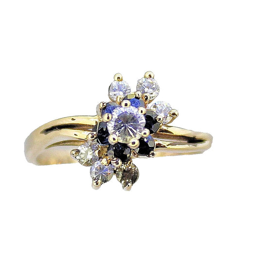 14K Yellow Gold Cubic Zirconia & Sapphire Floral Accent Ring Size 6.25