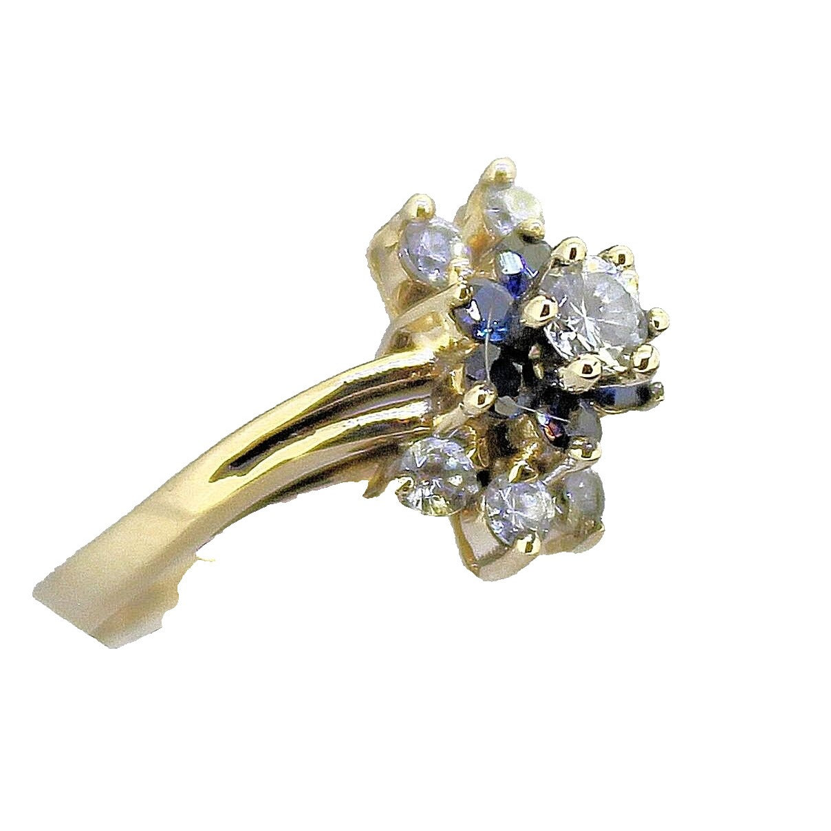 14K Yellow Gold Cubic Zirconia & Sapphire Floral Accent Ring Size 6.25