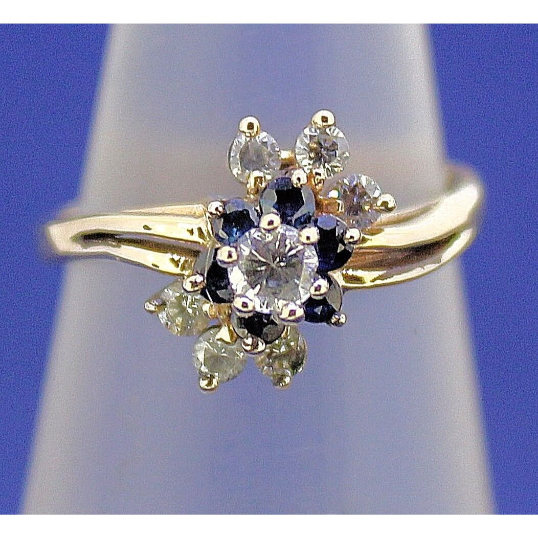 14K Yellow Gold Cubic Zirconia & Sapphire Floral Accent Ring Size 6.25
