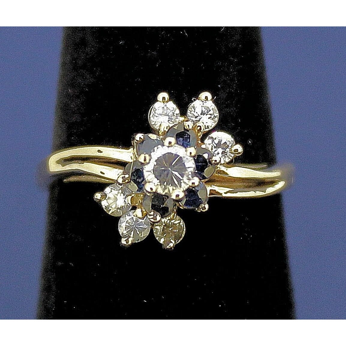 14K Yellow Gold Cubic Zirconia & Sapphire Floral Accent Ring Size 6.25