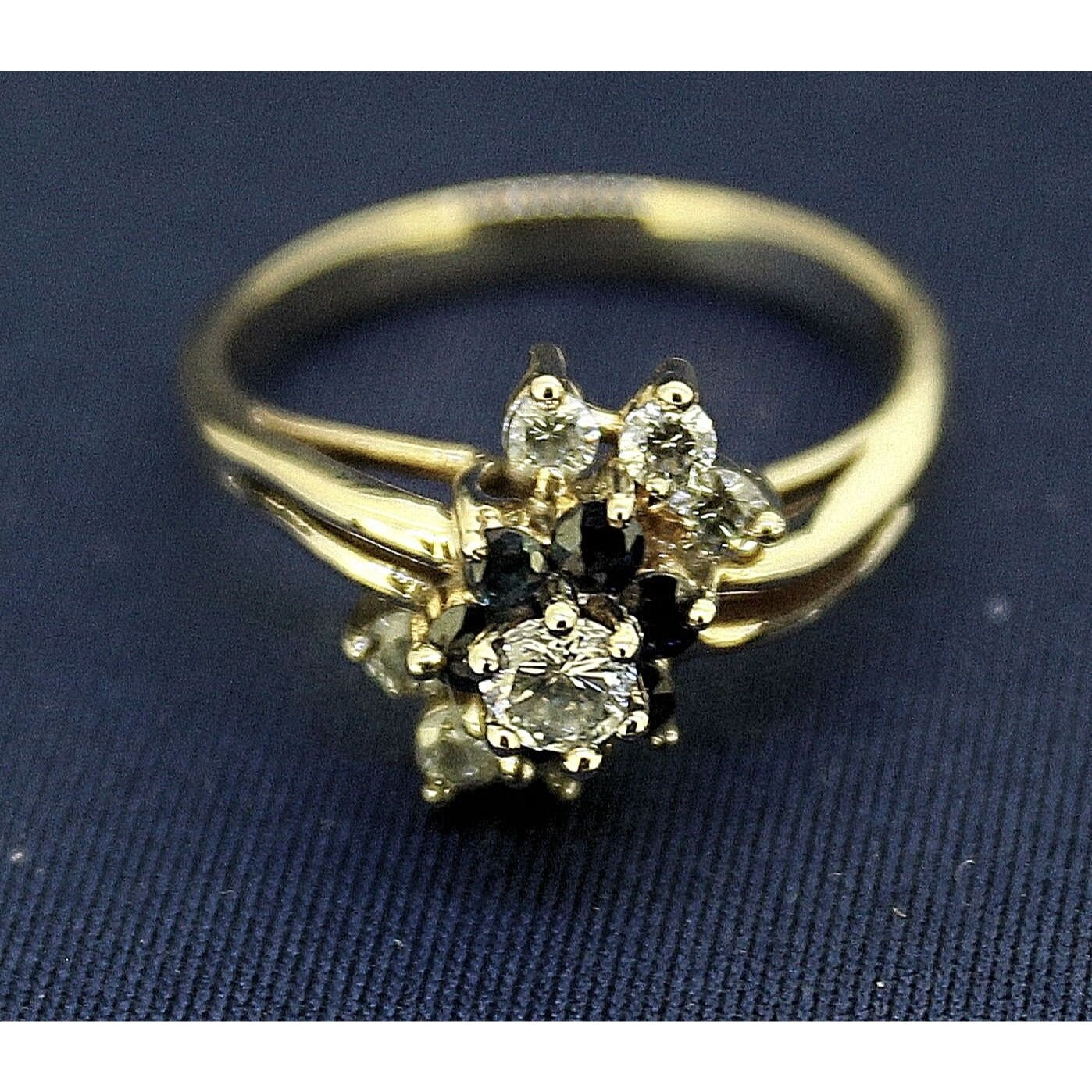 14K Yellow Gold Cubic Zirconia & Sapphire Floral Accent Ring Size 6.25