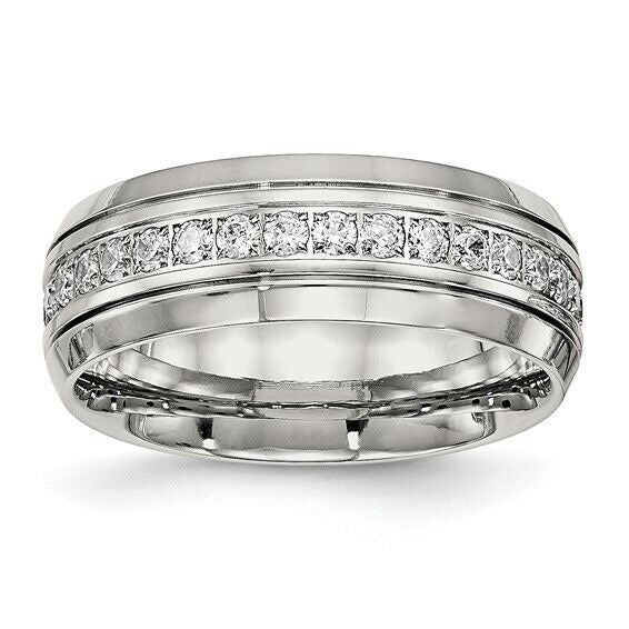 Chisel Stainless Steel Polished Grooved with CZ 8mm Half Round Band Ring Size 12