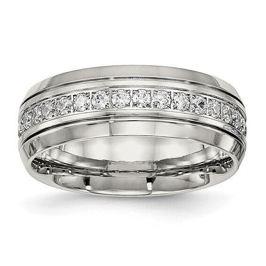 Chisel Stainless Steel Polished Grooved with CZ 8mm Half Round Band Ring Size 12