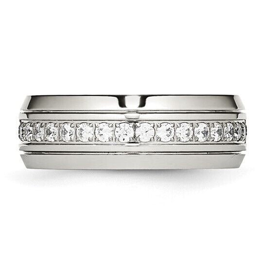 Chisel Stainless Steel Polished Grooved with CZ 8mm Half Round Band Ring Size 12
