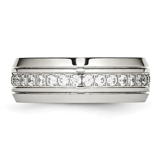 Chisel Stainless Steel Polished Grooved with CZ 8mm Half Round Band Ring Size 12