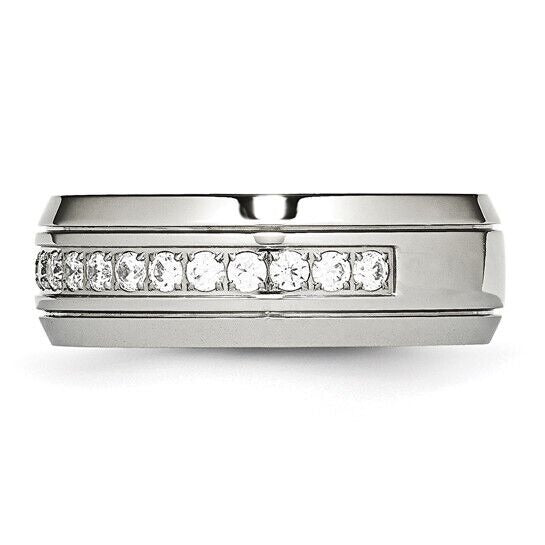 Chisel Stainless Steel Polished Grooved with CZ 8mm Half Round Band Ring Size 12