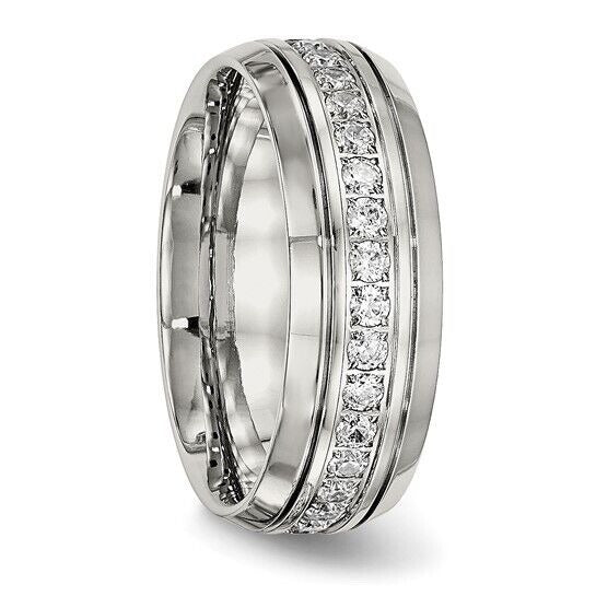 Chisel Stainless Steel Polished Grooved with CZ 8mm Half Round Band Ring Size 12