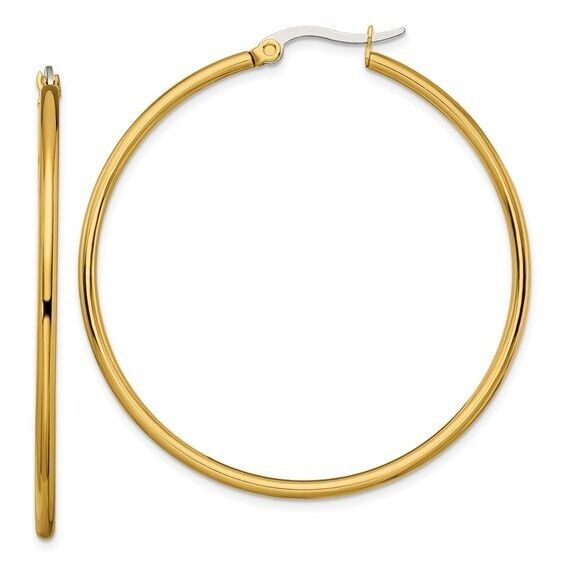 Chisel Stainless Steel Polished Yellow IP-plated 48mm Diameter 2mm Hoop Earrings