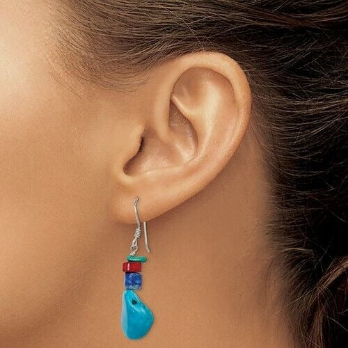 Red Coral Howlite Lapis & Turquoise Sterling Silver Wire Hook Dangle Earrings