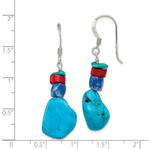 Red Coral Howlite Lapis & Turquoise Sterling Silver Wire Hook Dangle Earrings