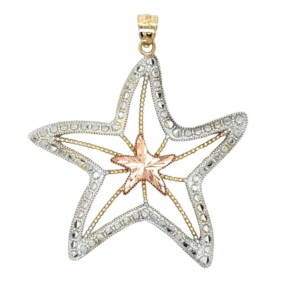 10K Tri-Color Gold Starfish Pendant Rose Gold Center & Diamond-Cut 2.8g