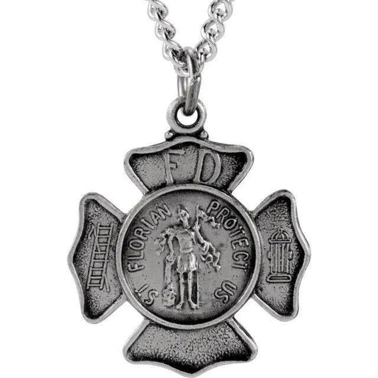 Sterling Silver St. Florian Fireman Medal Pendant Necklace 18" Chain