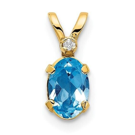 14K Yellow Gold Diamond & Blue Topaz Birthstone Pendant Jewelry Gift