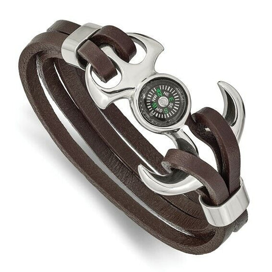 Chisel Stainless Steel Functional Compass Brown Leather 8.5in Bracelet