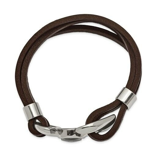 Chisel Stainless Steel Functional Compass Brown Leather 8.5in Bracelet
