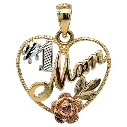 #1 Mom Heart & Rose 14k Yellow White Rose Gold Pendant 1.2g