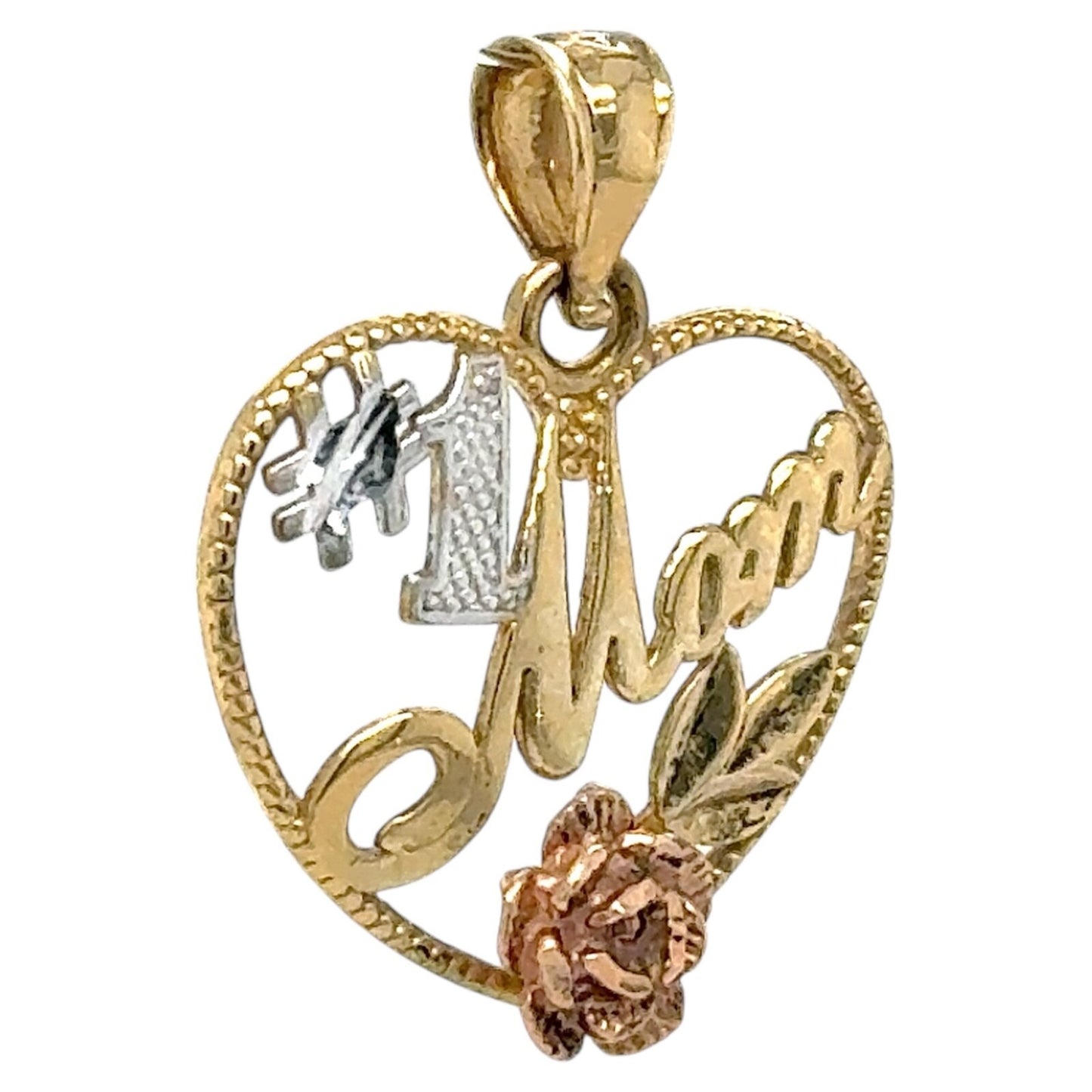 #1 Mom Heart & Rose 14k Yellow White Rose Gold Pendant 1.2g