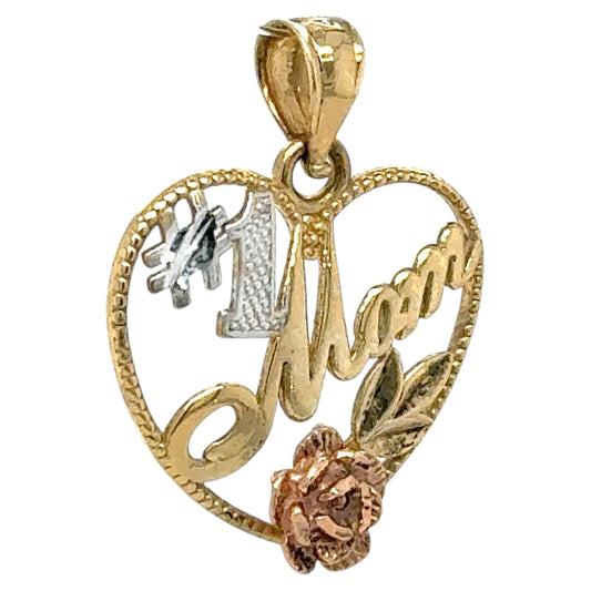 #1 Mom Heart & Rose 14k Yellow White Rose Gold Pendant 1.2g