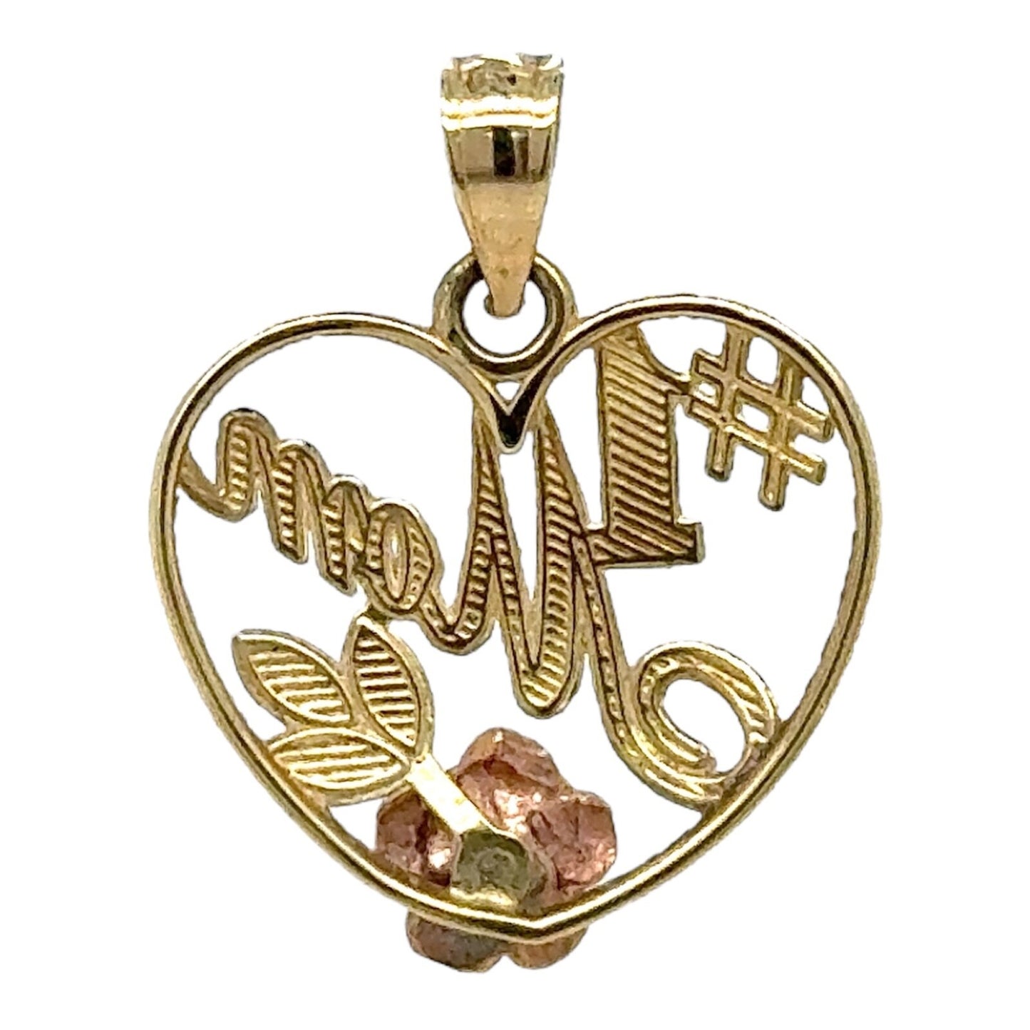 #1 Mom Heart & Rose 14k Yellow White Rose Gold Pendant 1.2g