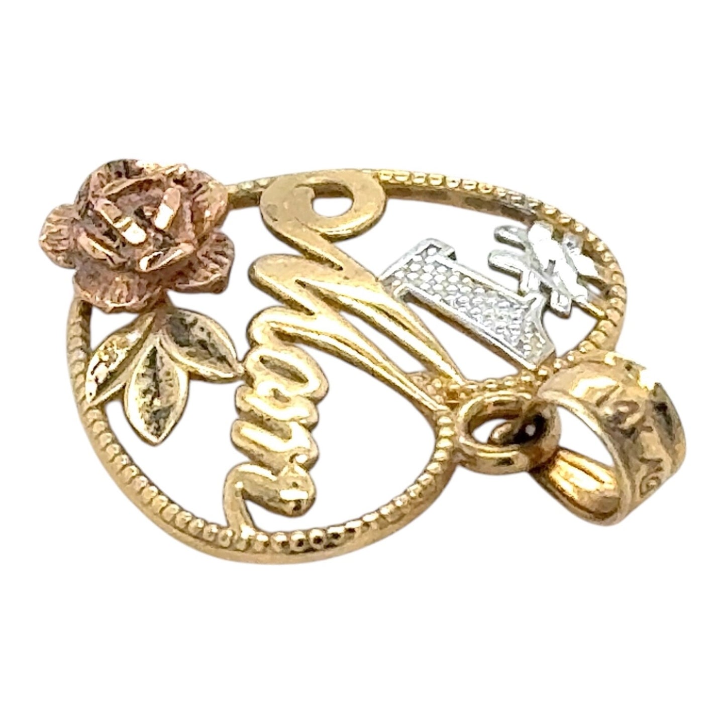 #1 Mom Heart & Rose 14k Yellow White Rose Gold Pendant 1.2g