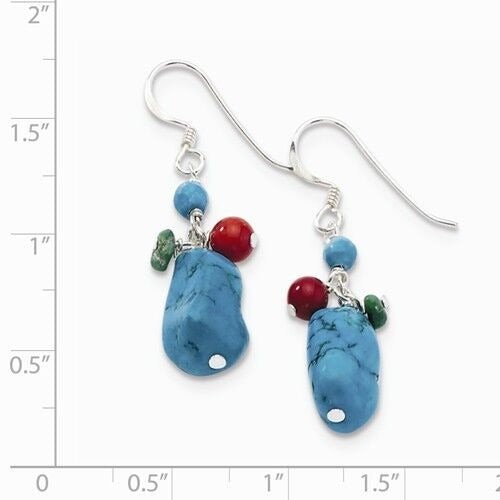 Sterling Silver Dyed Howlite Turquoise & Red Coral Drop Dangle Earrings 32mm