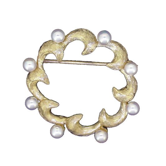 PEARL CIRCLE PIN  BROOCH REAL SOLID 14 K GOLD 3.8g