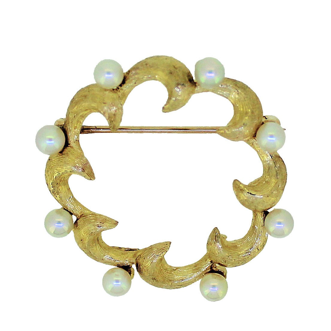 PEARL CIRCLE PIN BROOCH REAL SOLID 14 K GOLD 3.8g