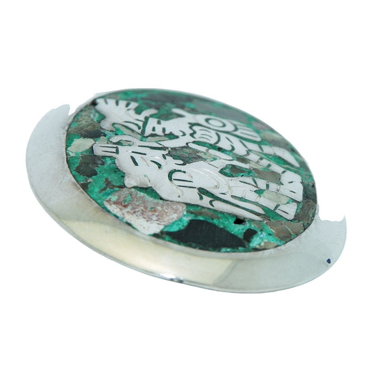 Sterling Silver Oval Pin/Pendant Aztec Figures Inlaid Turquoise Abalone 925 12.1g