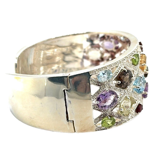 Rainbow Gemstone Sterling Silver Hinged Bangle Bracelet 51g Multi-Color Stones