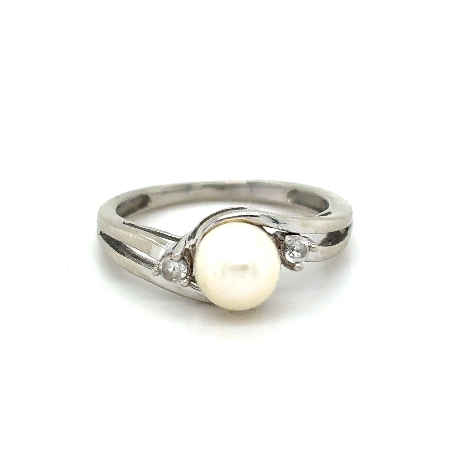 10K White Gold Pearl & Diamond Ring 2.1g Size 5.5