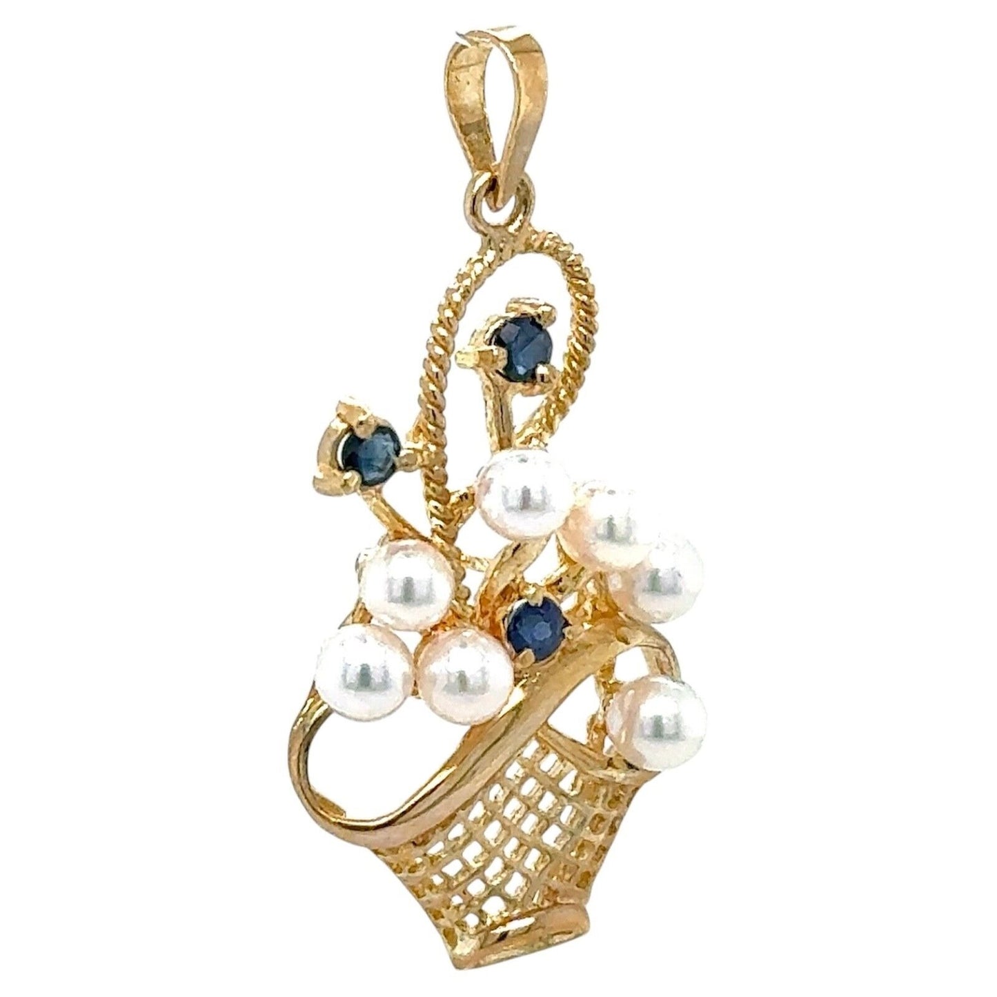 Pearl & Sapphire Basket 14k Yellow Gold Pendant 3.2g