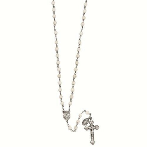 White Jade Rosary Necklace Crucifix & Beads 21"