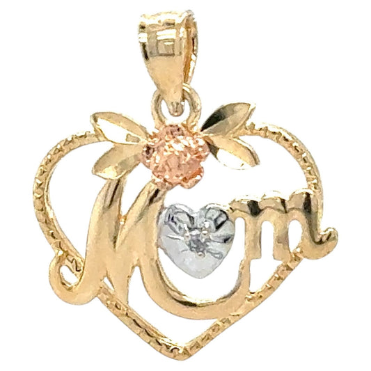 Mom Heart with Diamond 14k Multi-tone Gold Pendant 1.3g