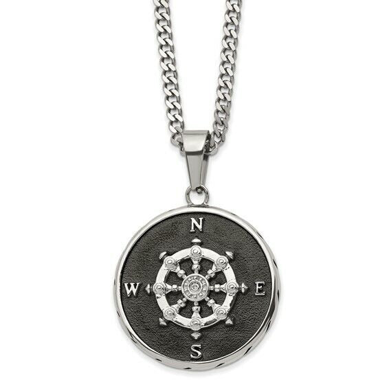 Stainless Steel Polished Black IP-plated Compass 22 inch Curb Chain Necklace