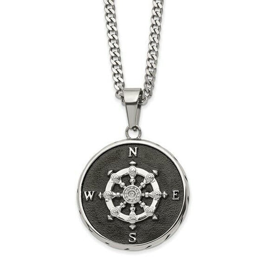 Stainless Steel Polished Black IP-plated Compass 22 inch Curb Chain Necklace