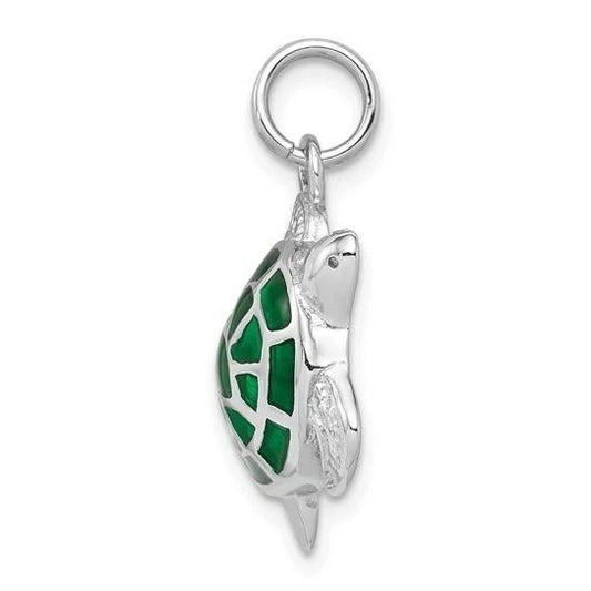 Sterling Silver Rhodium-Plated Green Enamel Turtle Pendant Charm 925