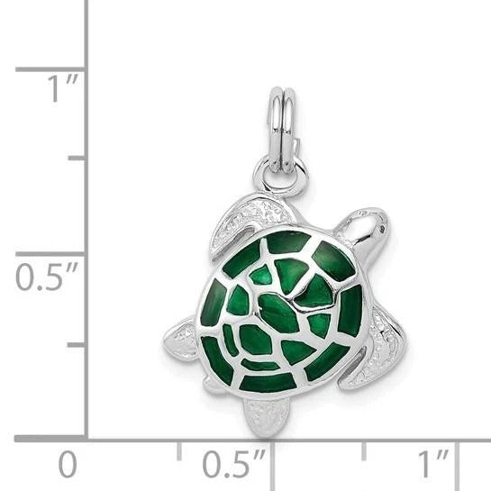 Sterling Silver Rhodium-Plated Green Enamel Turtle Pendant Charm 925