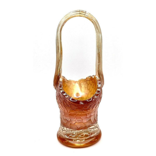 Carnival Glass Iridescent Marigold Basket With Handle Crackle Design 6.5" Tall Vintage Decorative Piece