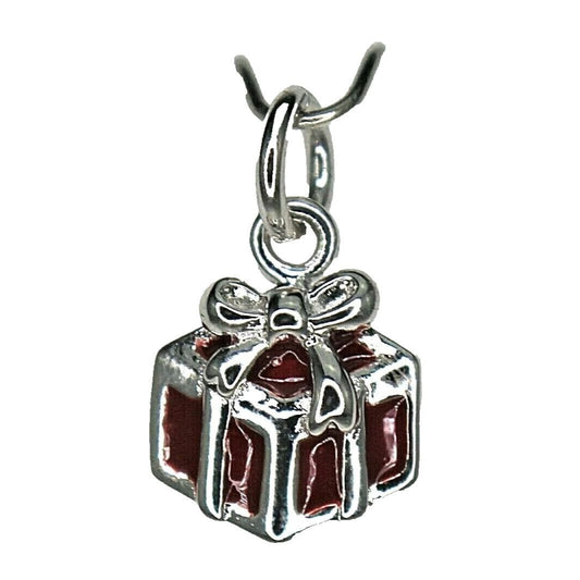 Sterling Silver Enameled Gift Box Charm 925 Red & Silver 16mm Pendant For Bracelets Or Necklaces
